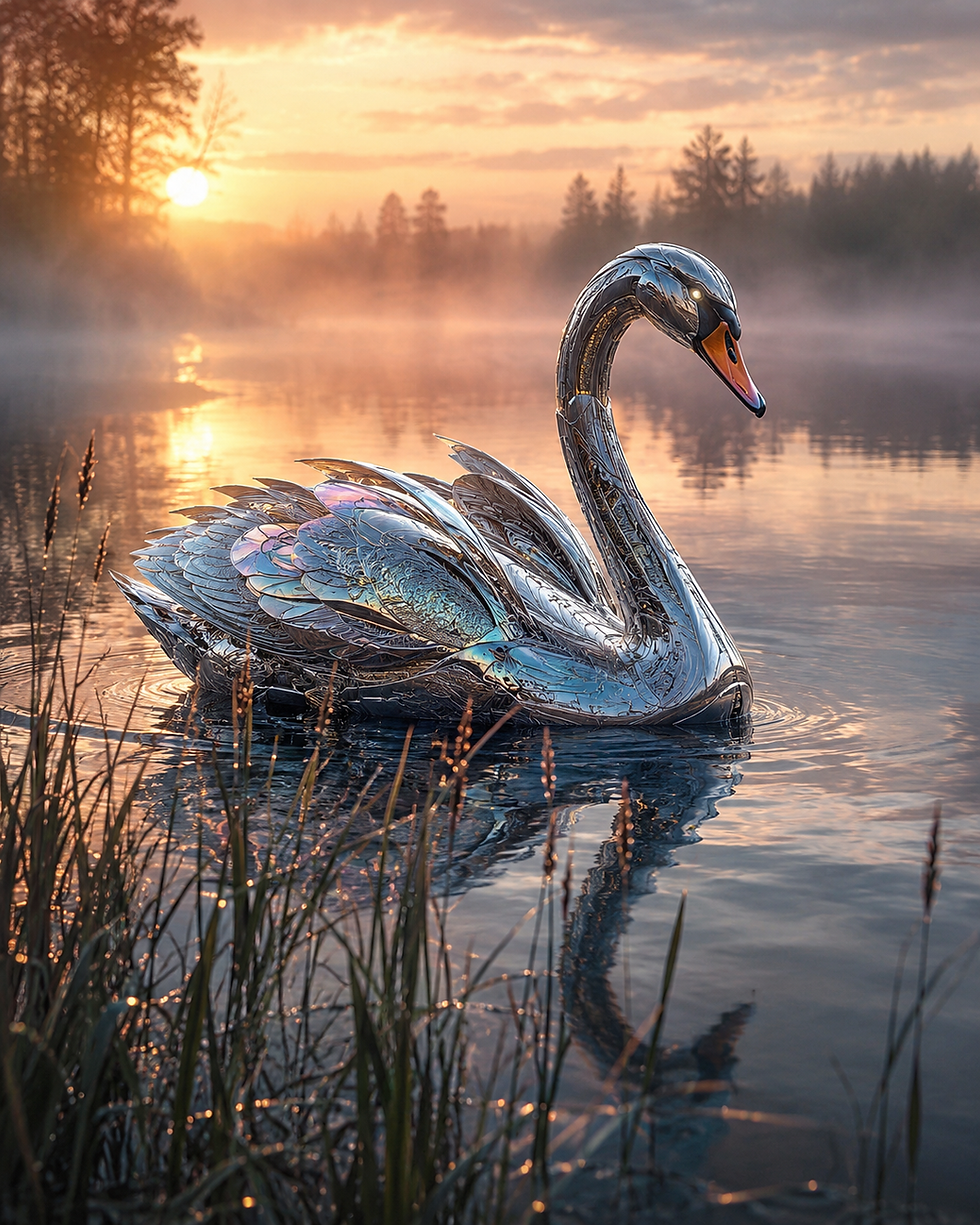 Metallic swan glides on a misty lake at sunrise, reflecting golden light, with reeds in the foreground and trees silhouetted.