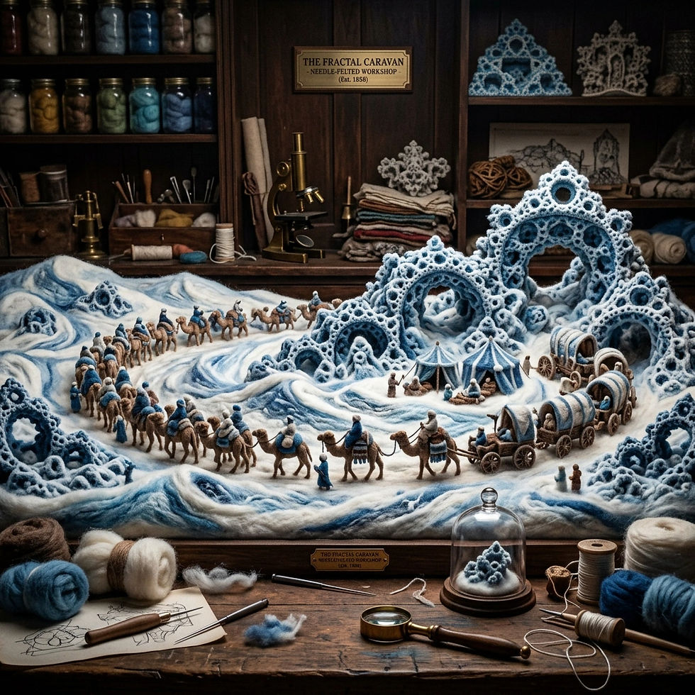 Miniature camel caravan crosses snowy blue felt landscape in a craft workshop, beneath a sign reading The Fractal Caravan.