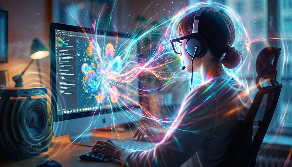 Artist exploring the impact of AI on art via computer.