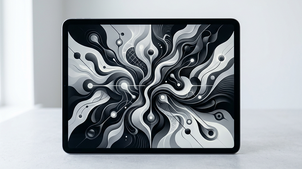 Eye-level view of a digital tablet displaying AI-generated abstract art