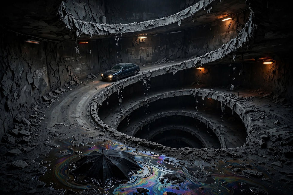 Dark sedan on a spiral road inside a huge dim crater, with a black iridescent puddle.