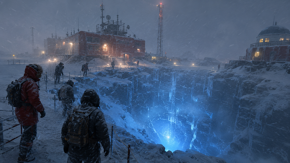 Snowy Arctic outpost with bundled explorers overlooking a glowing blue chasm lit by lamps and radio towers during a blizzard.