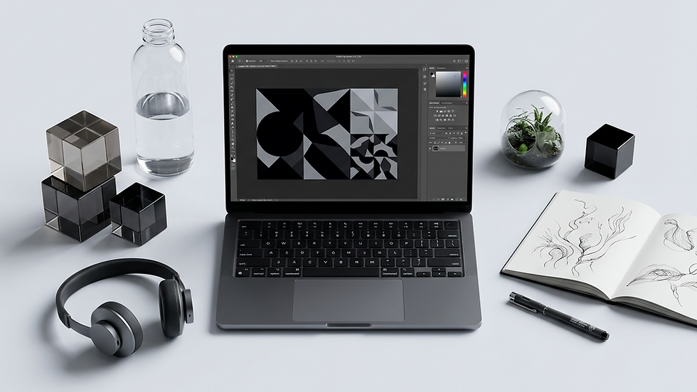 High angle view of a creative workspace with a laptop showing AI art software