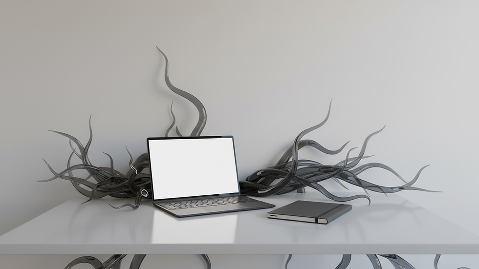 Eye-level view of a digital artist’s workspace with a laptop and sketchpad