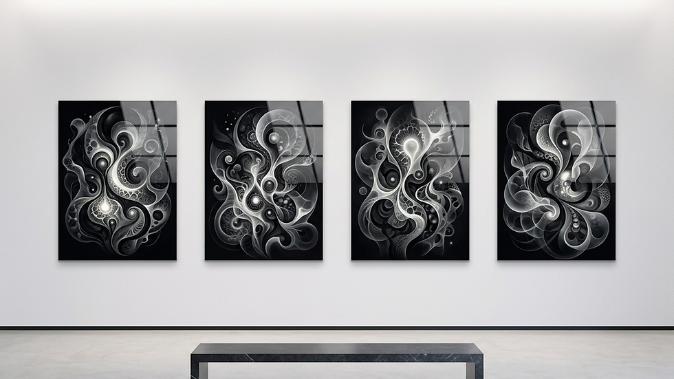 Close-up view of a modern art gallery with AI-generated paintings on display