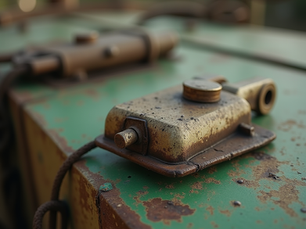 A close-up view of a weathered, vintage electrical switch mounted on a rusted green surface, highlighting its rugged texture and aged patina in soft, natural light.