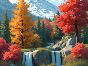 A serene autumn landscape with vibrant red and gold foliage surrounds a cascading waterfall, set against the backdrop of snow-capped mountains and a clear blue sky.