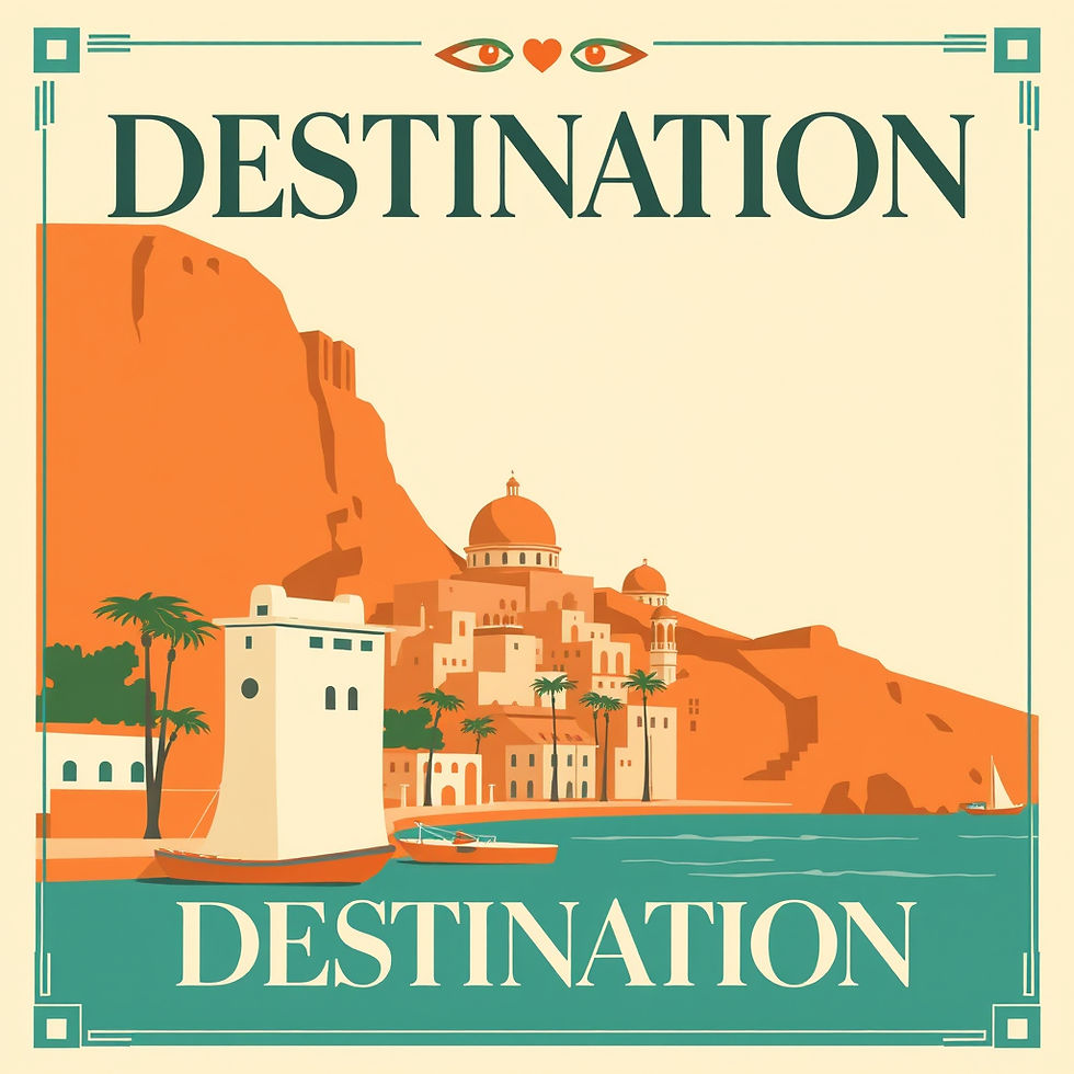 Vintage 1950s travel poster illustration of [DESTINATION], bold flat graphic style, limited colour palette of terracotta, cream and teal, decorative art deco border, bold serif headline typography, retro tourism aesthetic, screen-print texture