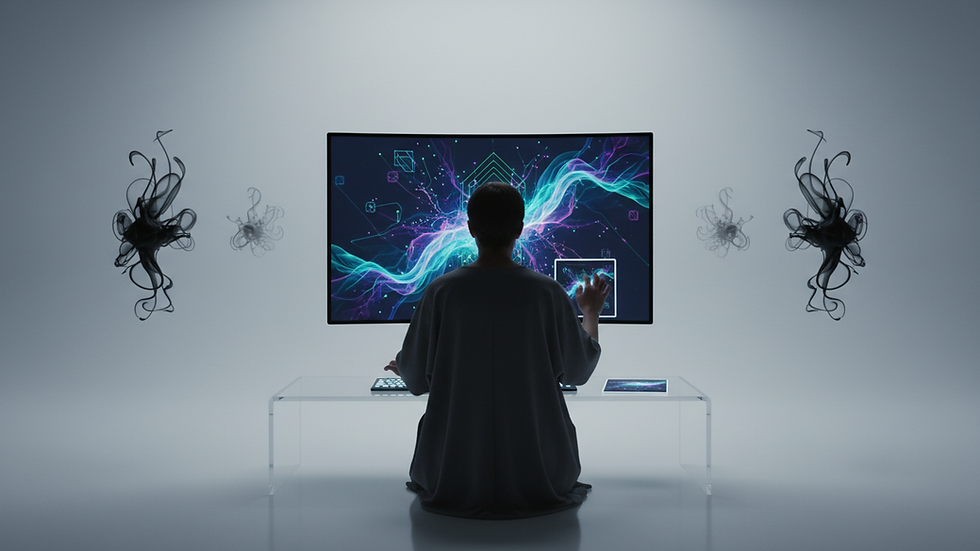 Eye-level view of a digital artist working on AI-generated art on a computer screen
