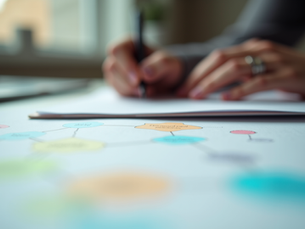 Eye-level view of a person writing notes with colourful mind maps on a desk