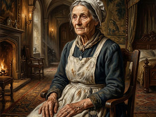 Elderly maid in white bonnet and apron sits in a dim, ornate manor room beside a glowing fireplace, looking solemn.