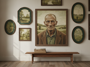 Eye-level view of a modern gallery wall displaying AI-generated digital paintings