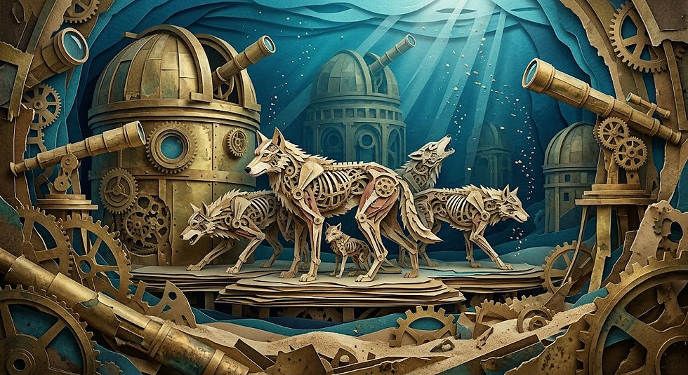 Mechanical wolf family stands on a layered platform in a steampunk underwater scene with gears, domes, and blue light.