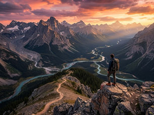 Lone hiker with backpack stands on a rocky peak above a winding river valley at sunset.