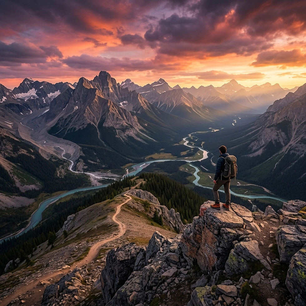 Lone hiker with backpack stands on a rocky peak above a winding river valley at sunset.