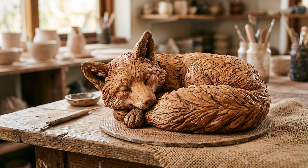 A handcrafted stoneware clay sculpture of a sleeping fox, matte textured finish, earthy terracotta tones, warm natural studio lighting.