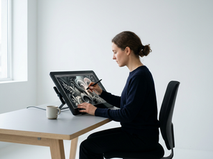 Eye-level view of a digital artist working on a tablet with AI-generated art on screen
