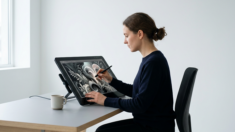 Eye-level view of a digital artist working on a tablet with AI-generated art on screen