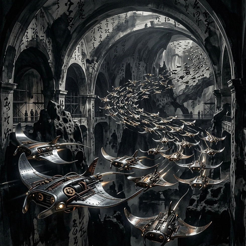 Swarm of metallic manta-ray drones fly through a dark, calligraphy-covered arched cavern in a futuristic scene.
