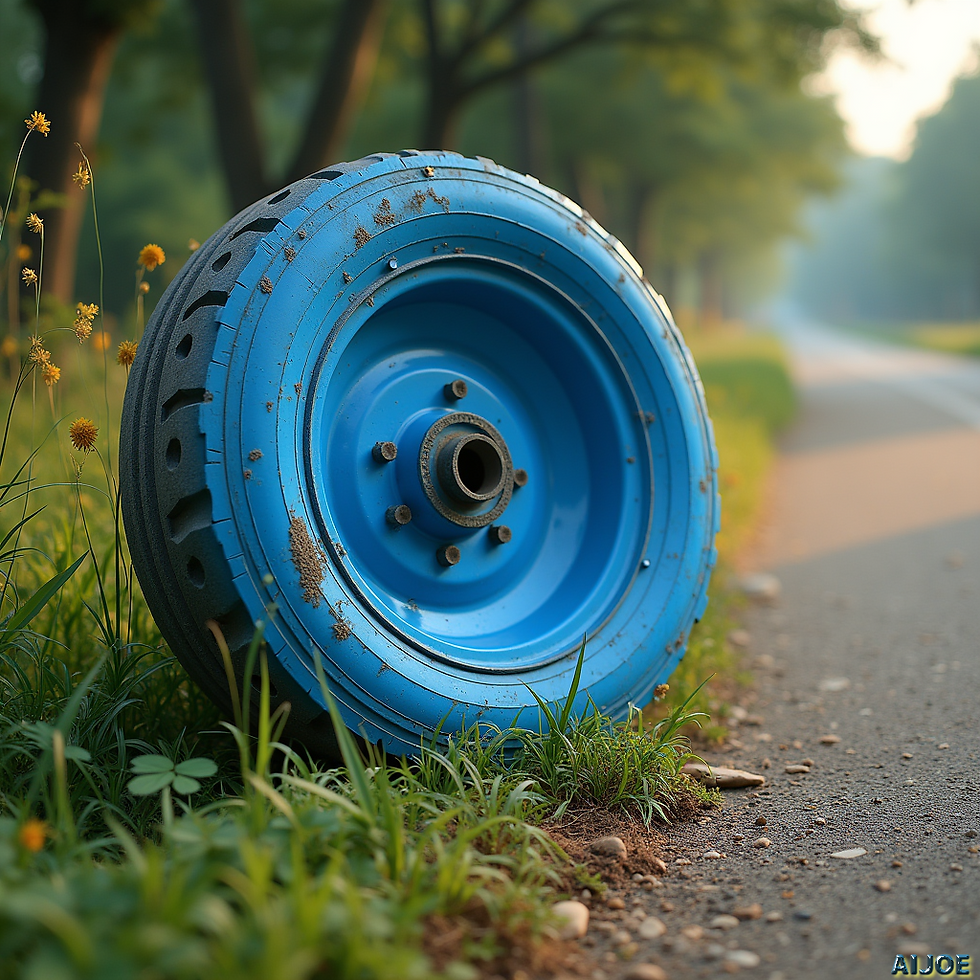 Blue tire leaning on roadside grass with road and trees in background.