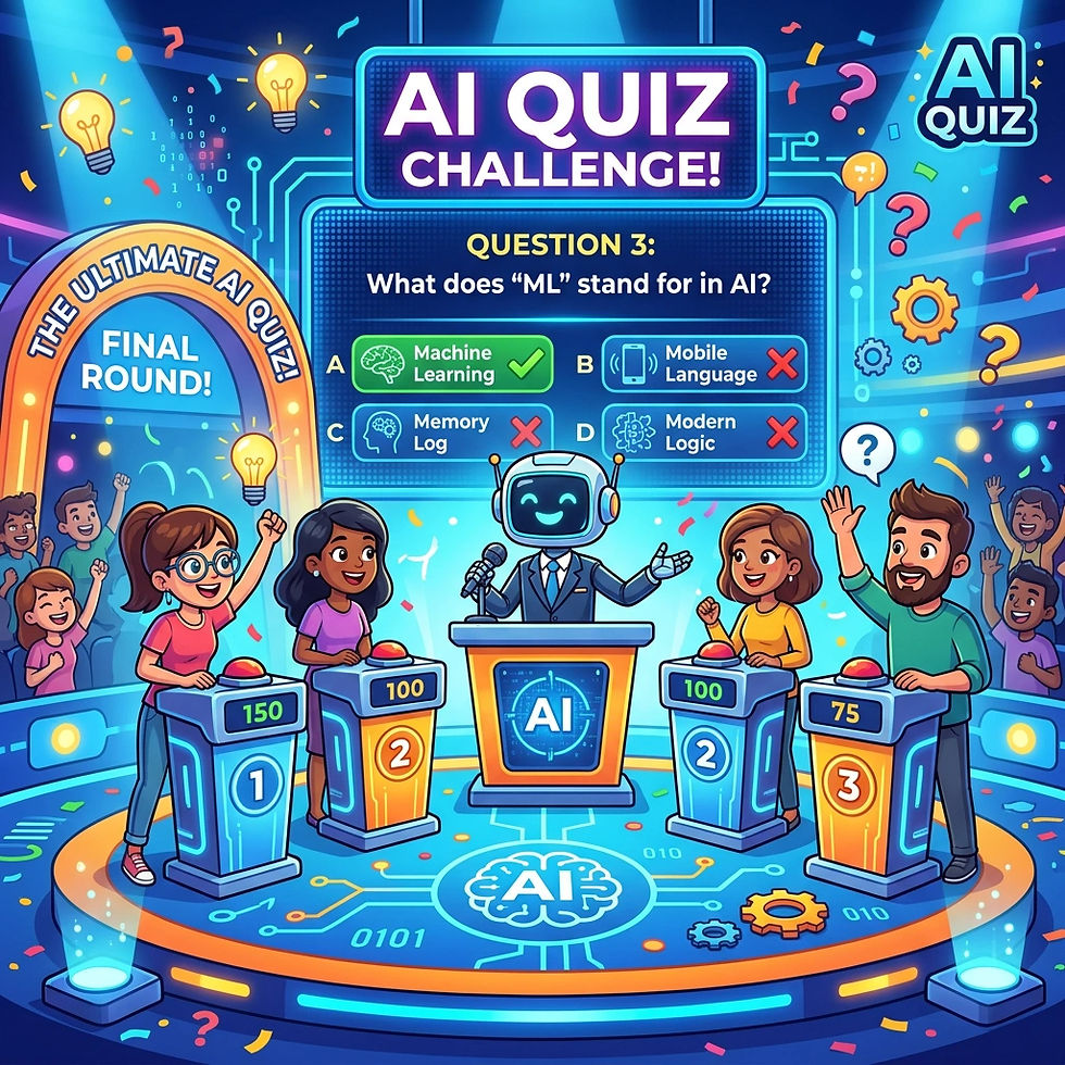 Colorful AI quiz show with robot host and cheering contestants; screen asks what ML means, correct answer Machine Learning