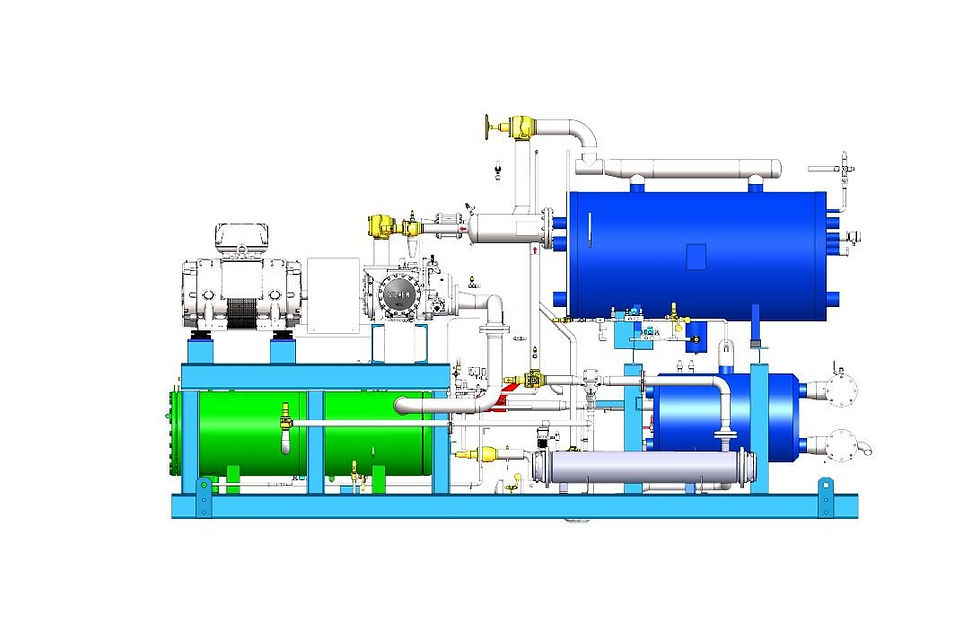 Example of an advanced industrial heat pump unit featuring two-stage compression and cascade cycle configuration. The system integrates high-efficiency screw compressors (left), intermediate intercooling stages, and separate refrigerant circuits (green and blue vessels) to optimize performance over large temperature lifts ā a design approach that enhances COP and enables reliable high-temperature heat delivery in complex industrial applications.