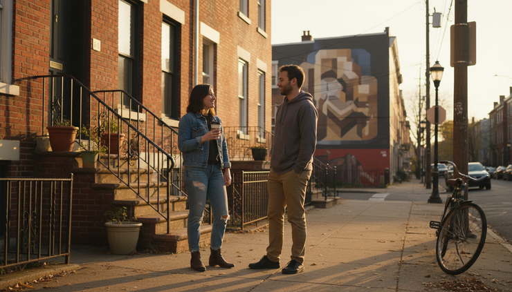 Wide-angle view of a Philadelphia street corner at golden hour with two people talking near row houses.