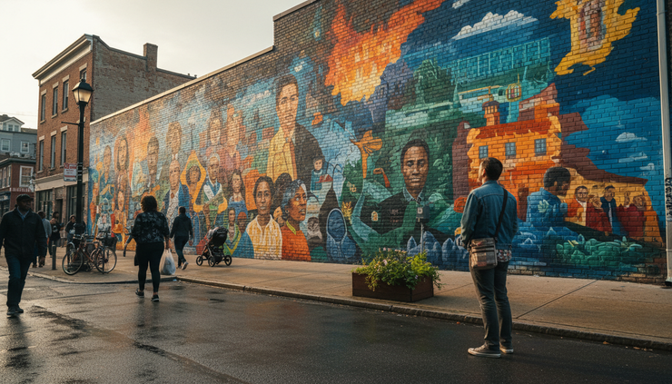 Wide-angle view of a colourful Philadelphia mural with a person standing nearby in casual clothes.