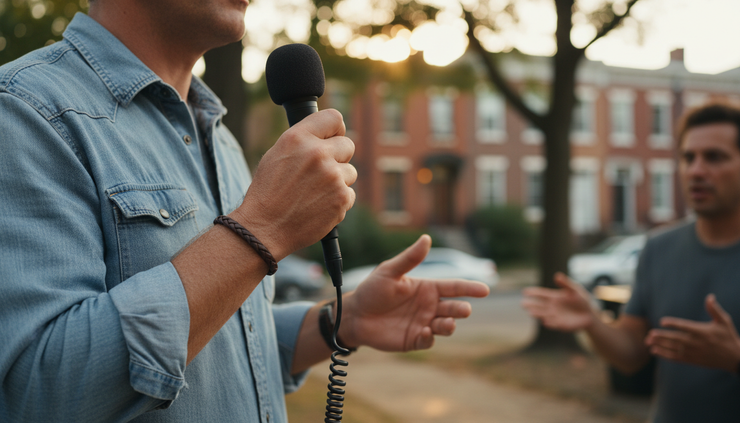 Close-up view of hands holding a microphone during a live community conversation in Philadelphia.