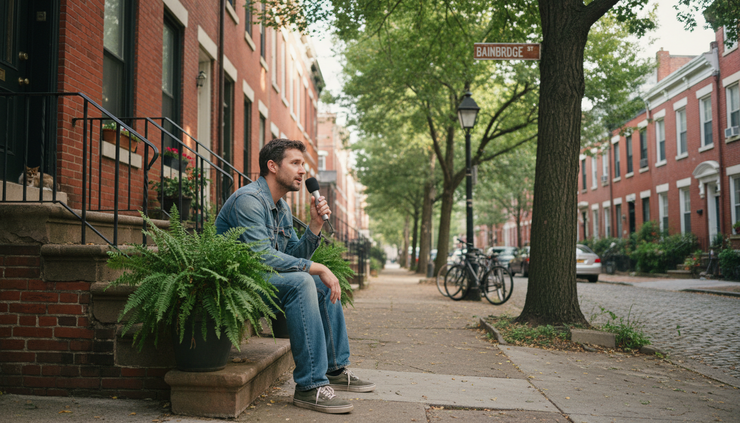 Eye-level view of a person sitting on a stoop in Philadelphia while holding a small microphone.