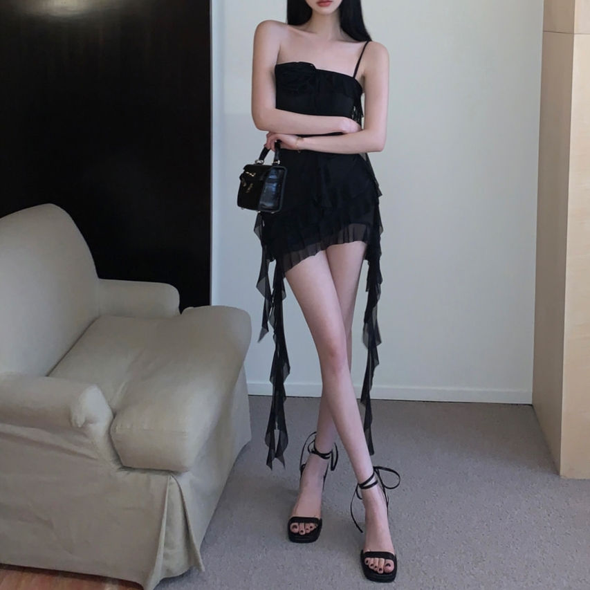 로즈 코사지 시스루 탑 미니 원피스