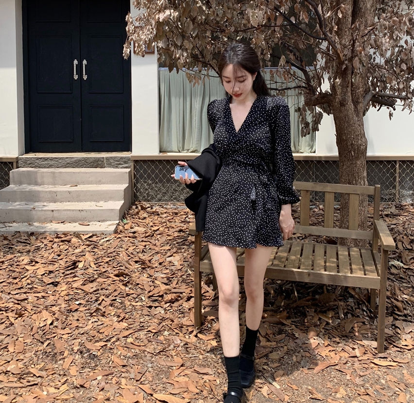 쉬폰 화이트 도트 리본랩 원피스