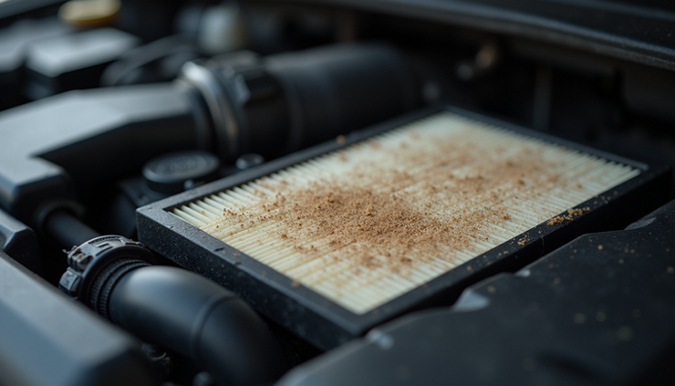 Close-up view of a slightly dirty engine air filter installed in a car engine compartment
