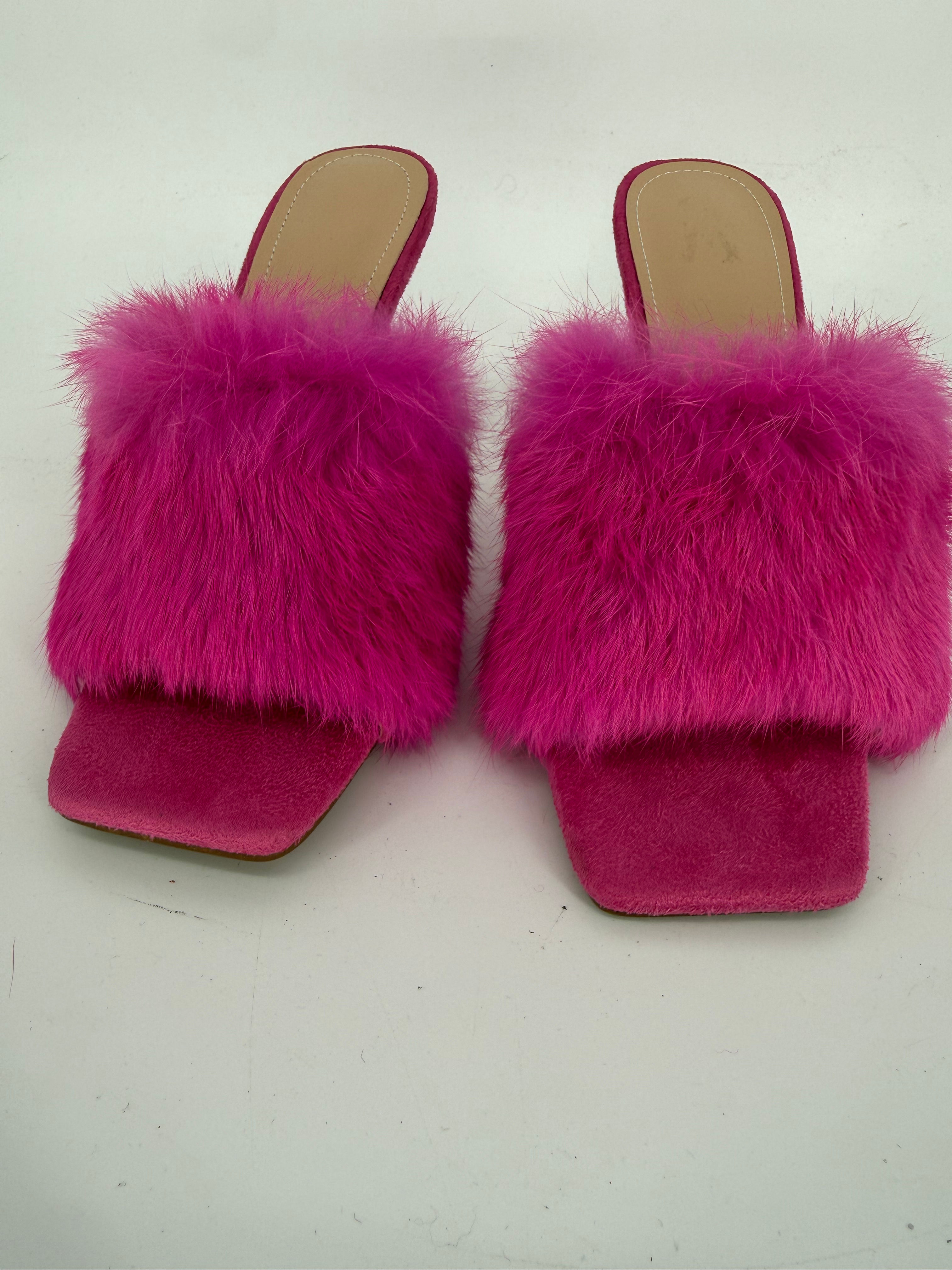 Pink Vegan Suede and Faux Fur Open Toe Stiletto Mules Front