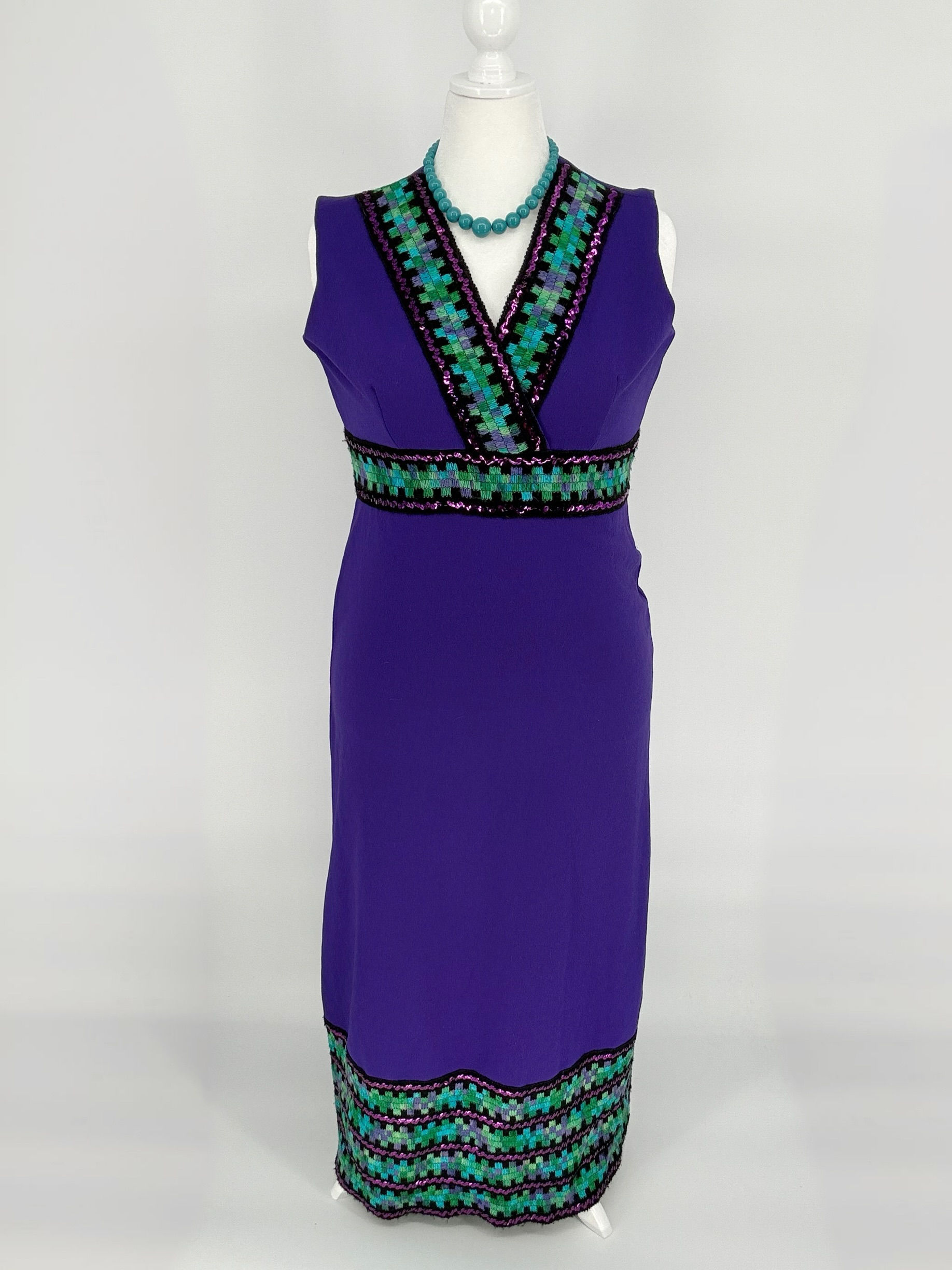 Vintage Early 1970s Grape Polyester Woven Sleeveless Column Dress