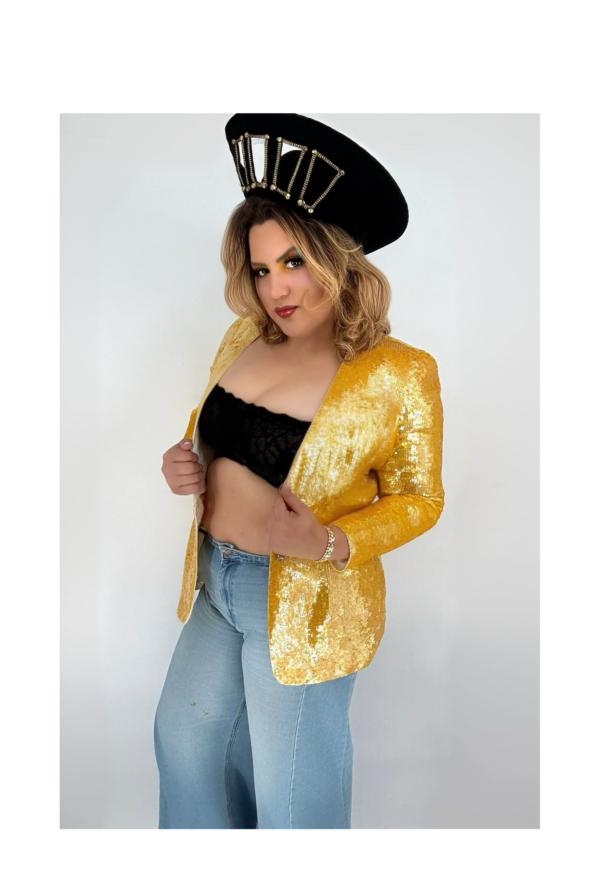 1991 Oleg Cassini Black Tie Yellow Sequin 100% Silk Jacket