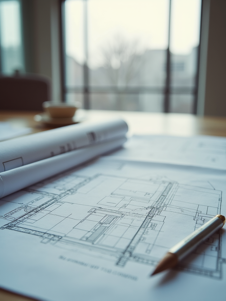 Close-up view of precision plumbing tools and blueprints on a professional workspace.