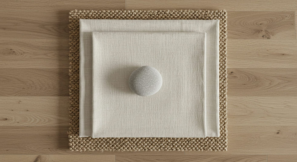A minimalist flat lay showing the natural, organic patterns of Coastal Contemporary hand-knotted jute, Belgian linen, and a smooth river stone laid out on a european white oak wide plank flooring.