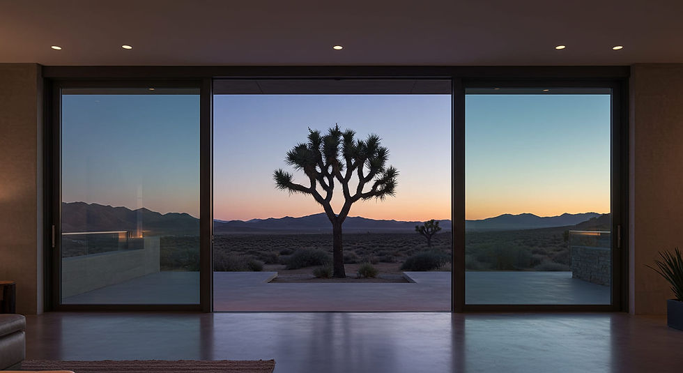 A massive, black steel-framed glass pivot door opening from a modern living room to a desert terrace at twilight.