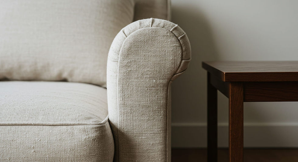A detail shot showing the rich textures of an off-white linen sofa and a dark wood side table.