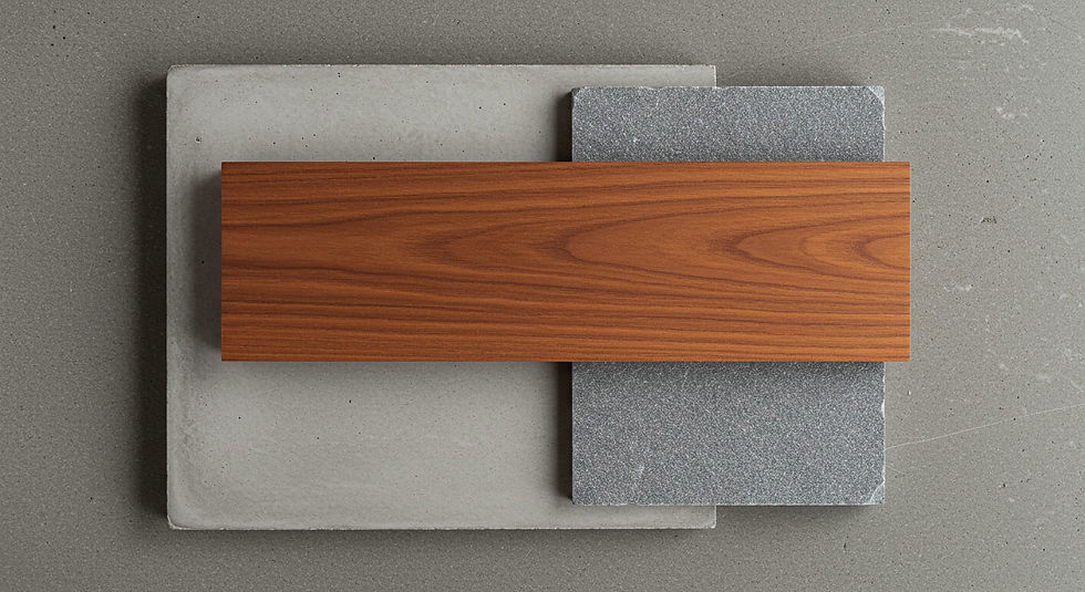 A curated flat lay of California Modernism materials including polished concrete, teak wood, and flagstone.