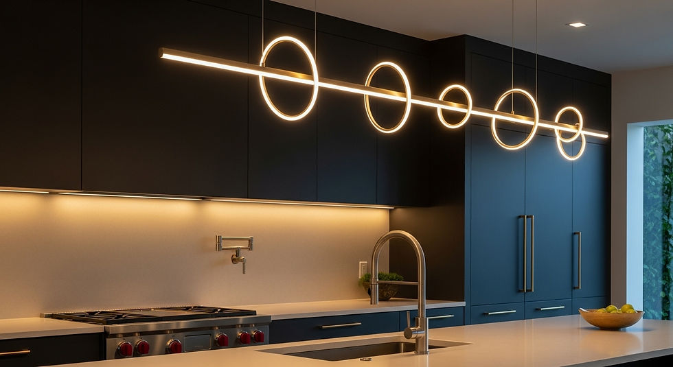 Fixture, hardware, & integrated systems contrast. linear slot or square / linear recess lighting in a kitchen that has curved faucet fixture and curvilinear hardware handles with also hanging linear formed light fixtures.