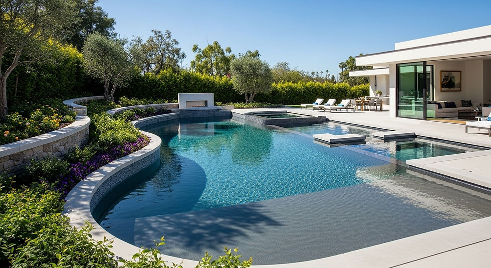 Hardscape & softscape contrast image. A rectangular classy modern pool with organic curvilinear landscaping