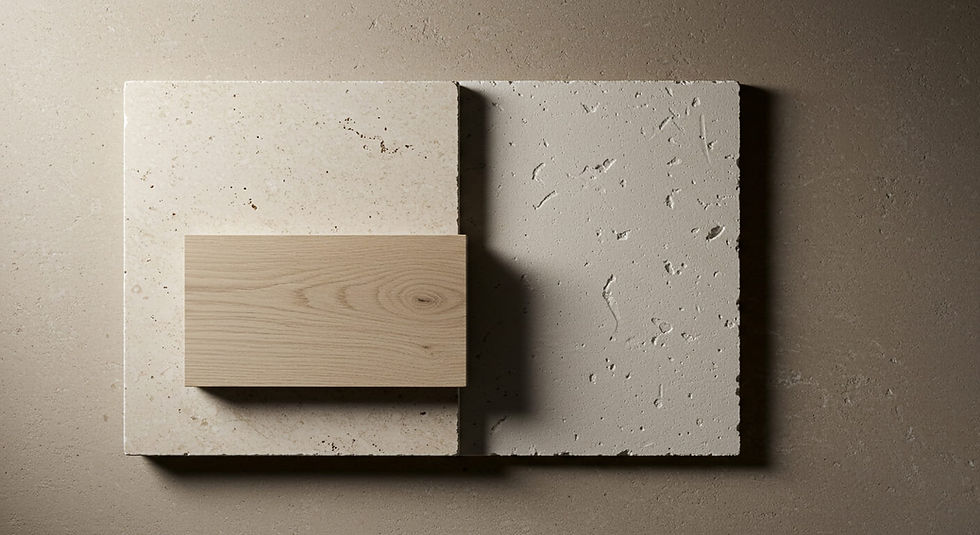 A curated flat lay of Organic Contemporary materials including honed travertine, white oak, and bone-white plaster.