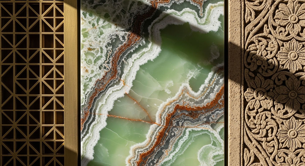 Abstract architectural photography. High contrast. A split composition showing three distinct origins of pattern. Left: A precise, CNC-milled brass grid (Geometric). Center: The intense, chaotic veining of a green onyx slab (Organic). Right: A fragment of an antique, hand-carved stone frieze with floral motifs (Cultural). The lighting is raking to emphasize the relief and lineage of each texture.