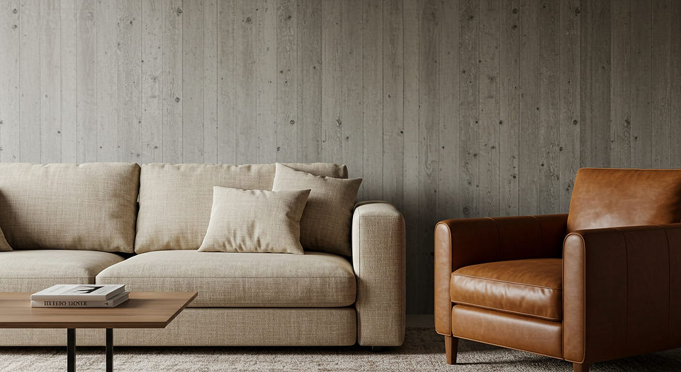 A detail shot showing the rich textures of a natural linen sofa and a cognac leather armchair in a Desert Modern home.