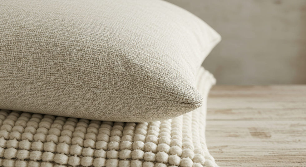 An abstract detail shot showcasing the layered neutral textures of linen, bouclé, and weathered oak in a Coastal Contemporary home.