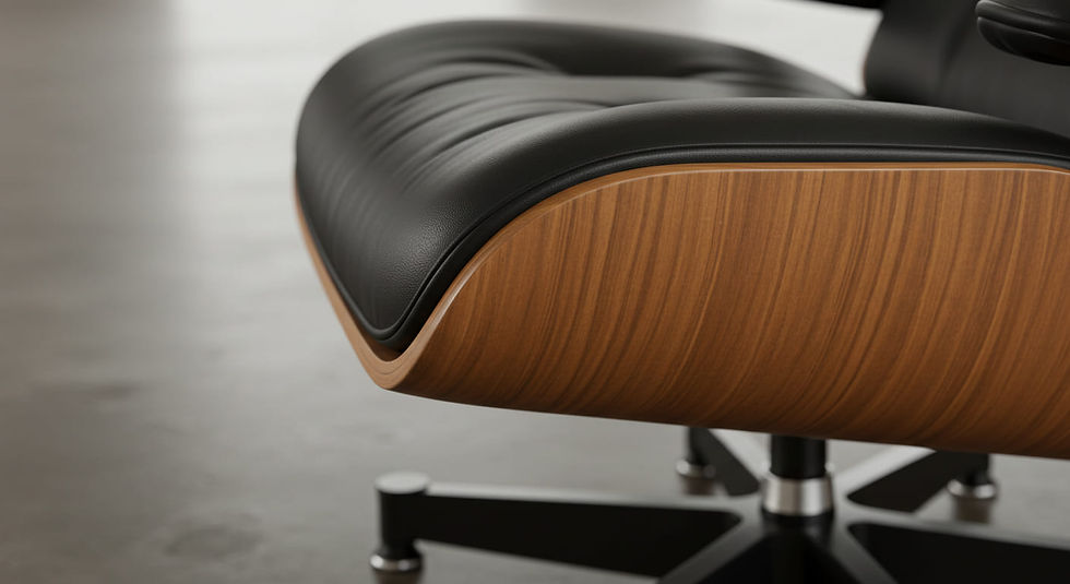 A detail shot showing the rich textures of an Eames Lounge Chair's black leather and molded plywood shell.