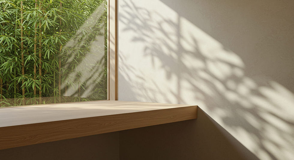 A serene, minimalist home office in Beverly Hills, showing a floating bleached oak desk and a view of a dense bamboo garden through a large, frameless window.
