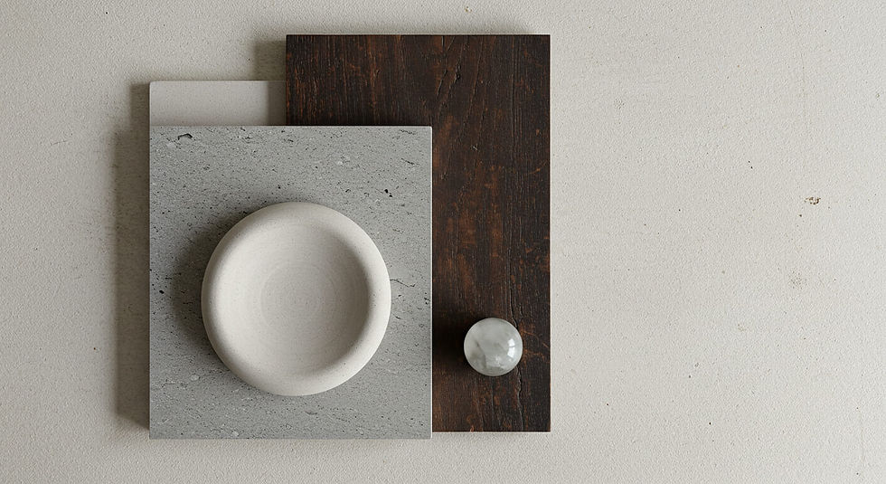 A curated flat lay of California Mediterranean materials including smooth white stucco, honed limestone, and dark reclaimed wood.